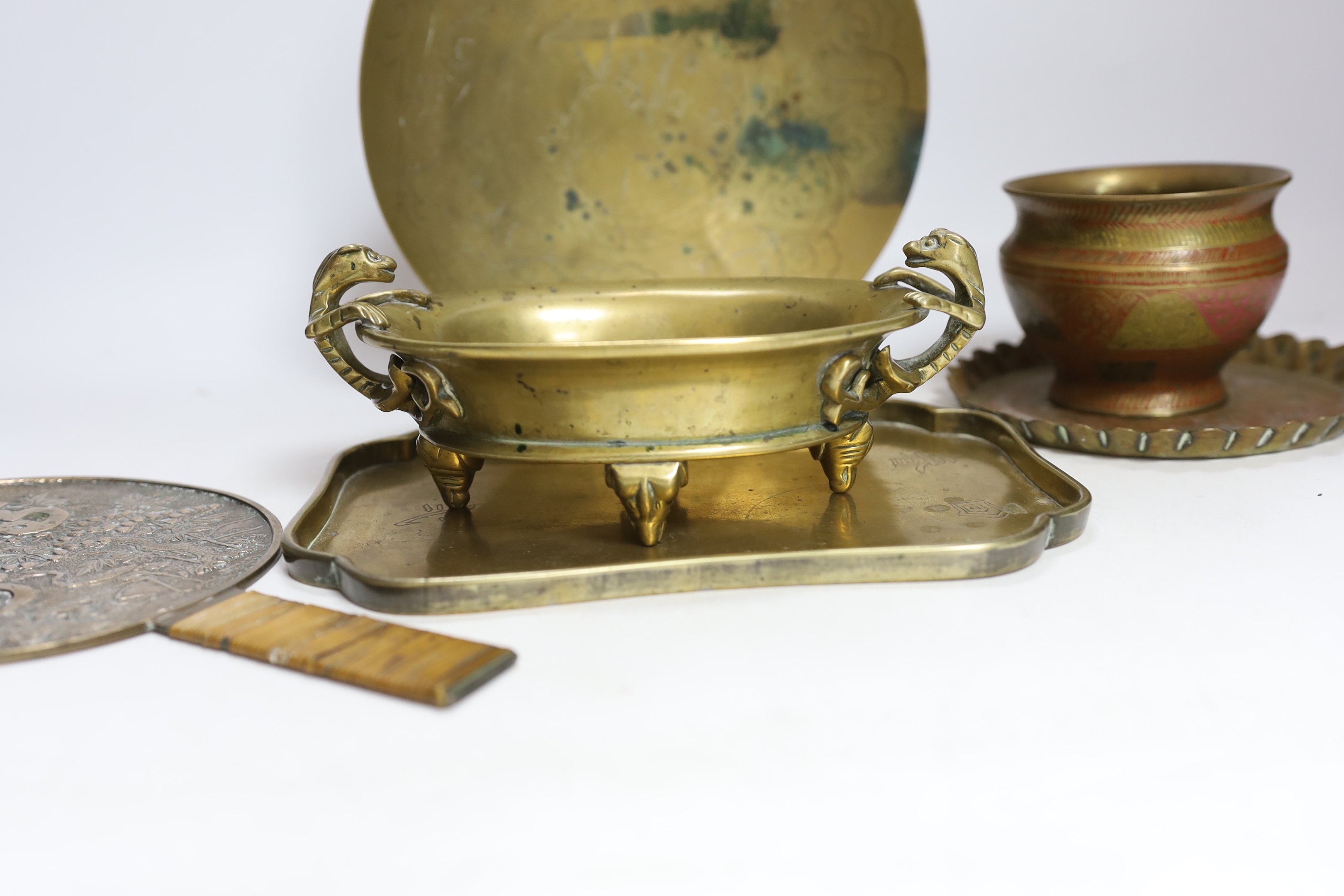 A Chinese archaistic bronze censer, Qing dynasty, a mirror and various Asian bronzes etc, censer 19cm wide